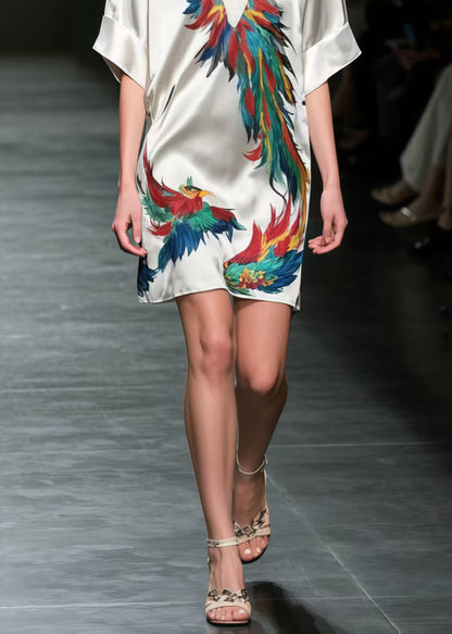 Chic Phoenix Print Silk Mid Dress Summer
