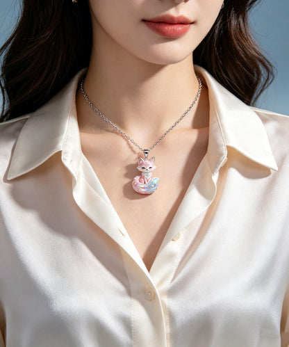 Chic Pink Alloy Enamel Fox Pendant Necklace