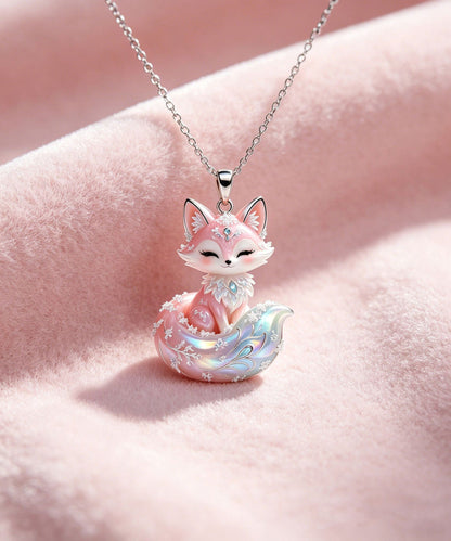 Chic Pink Alloy Enamel Fox Pendant Necklace