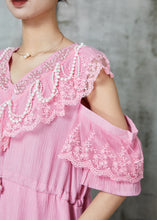 Load image into Gallery viewer, Chic Pink Cold Shoulder Patchwork Chiffon Holiday Dress Summer