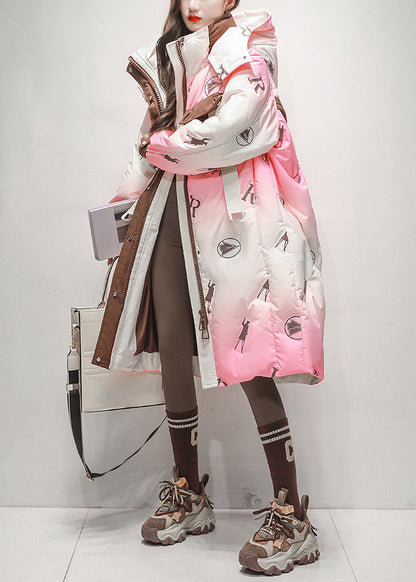 Chic Pink Gradient Color Hooded Zippered Duck Down Long Coats Winter