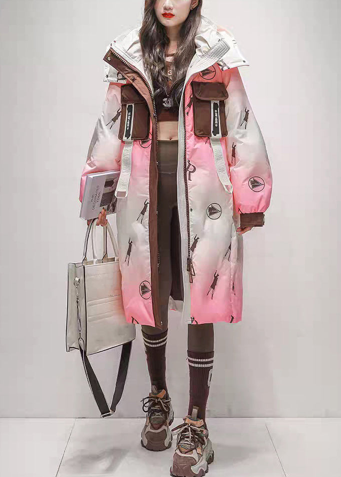 Chic Pink Gradient Color Hooded Zippered Duck Down Long Coats Winter