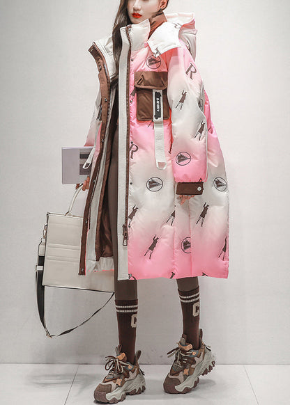 Chic Pink Gradient Color Hooded Zippered Duck Down Long Coats Winter