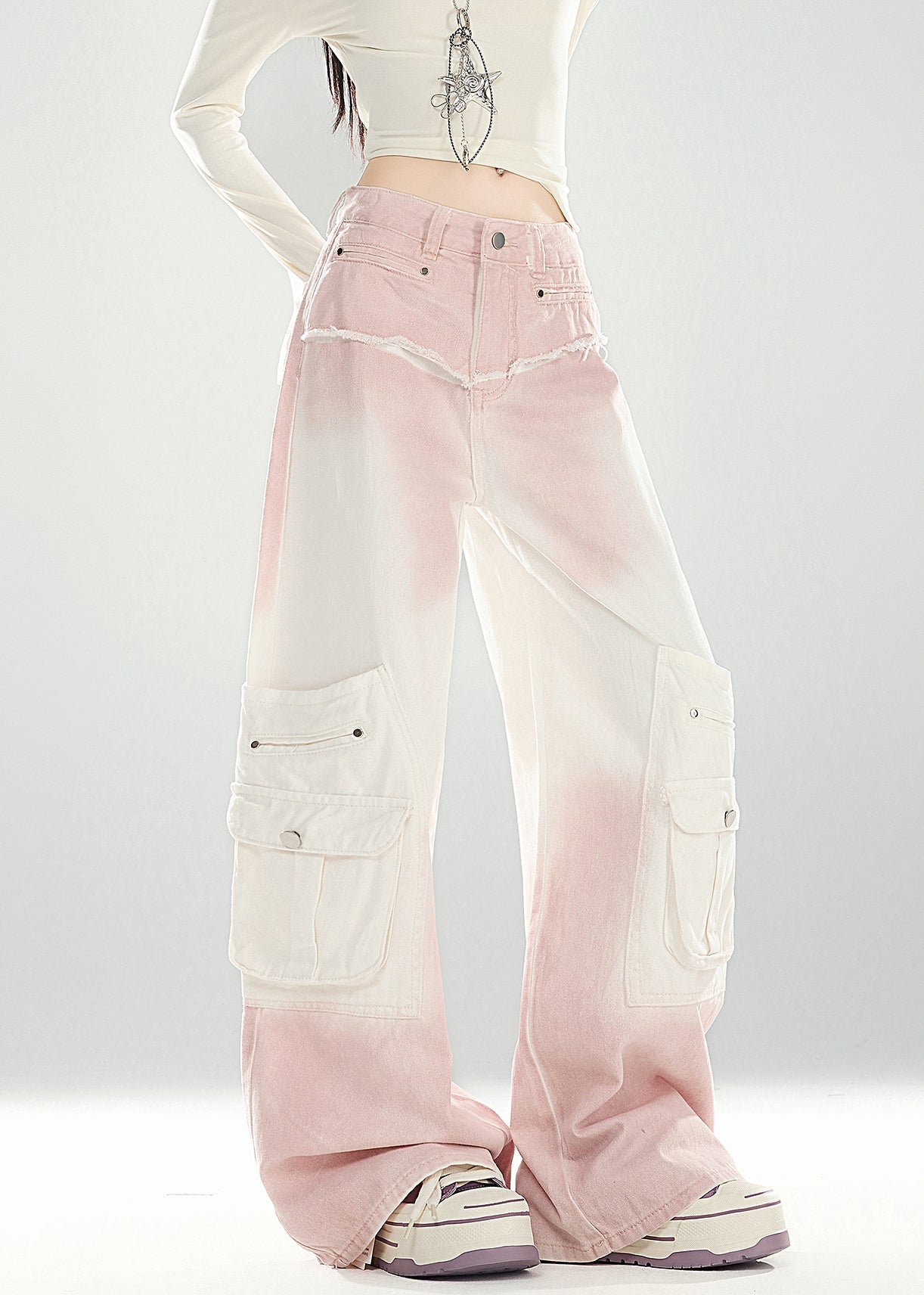 Chic Pink Gradient Color Pockets High Waist Denim Pants Spring