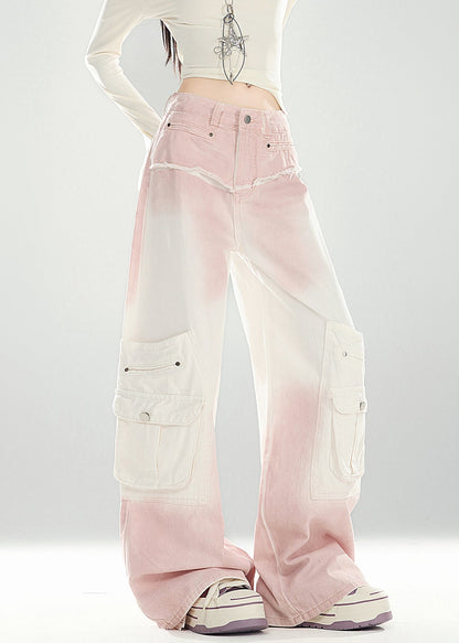 Chic Pink Gradient Color Pockets High Waist Denim Pants Spring