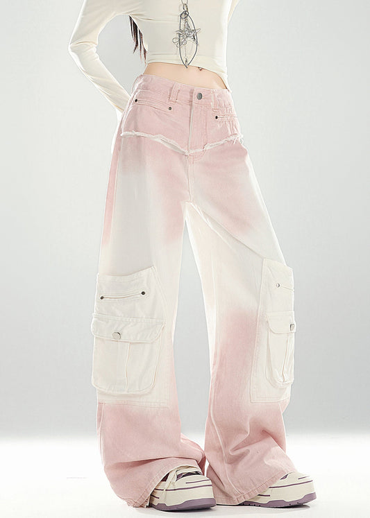 Chic Pink Gradient Color Pockets High Waist Denim Pants Spring