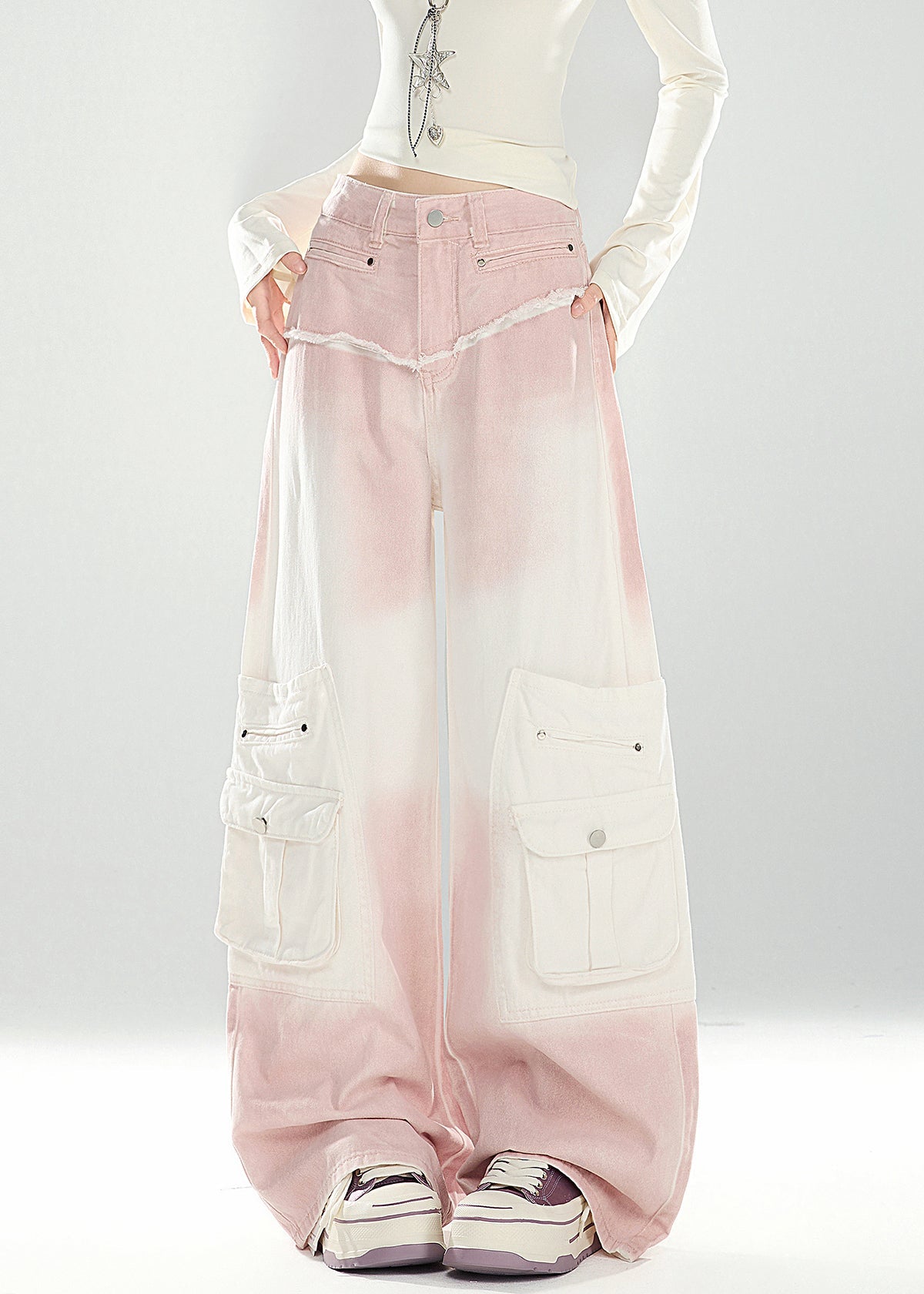 Chic Pink Gradient Color Pockets High Waist Denim Pants Spring