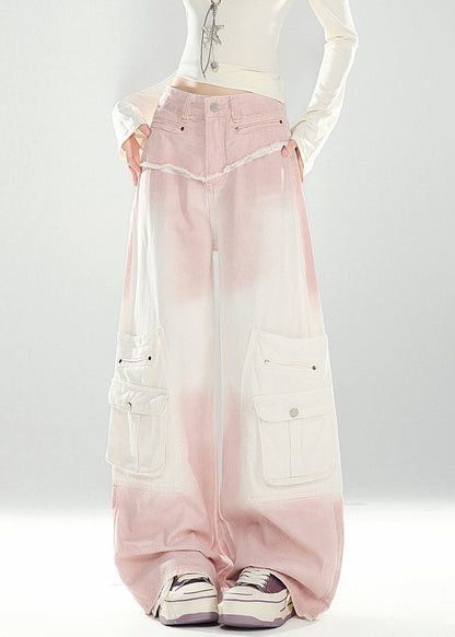 Chic Pink Gradient Color Pockets High Waist Denim Pants Spring