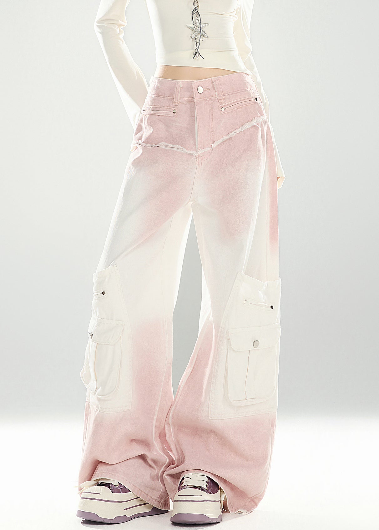 Chic Pink Gradient Color Pockets High Waist Denim Pants Spring