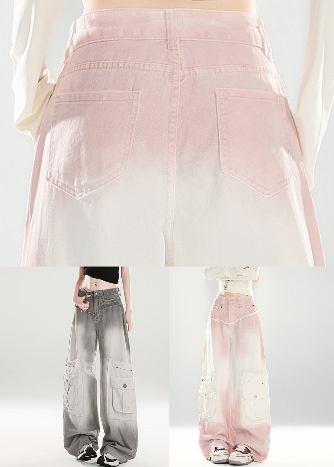 Chic Pink Gradient Color Pockets High Waist Denim Pants Spring