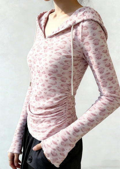 Chic Pink Hooded Leopard Print Cotton Sweatshirt Tops Spring