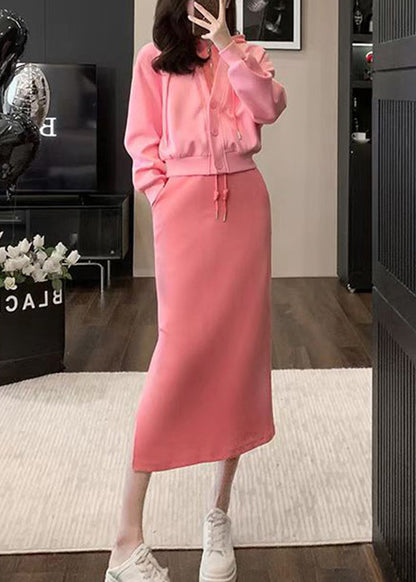 Chic Pink Hooded Top And Skirts Cotton Two Pieces Set Spring