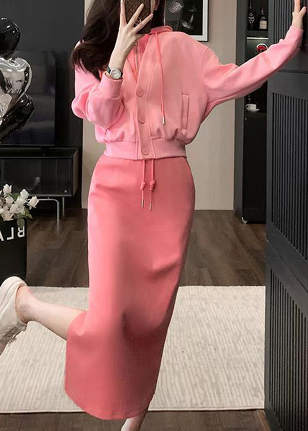 Chic Pink Hooded Top And Skirts Cotton Two Pieces Set Spring