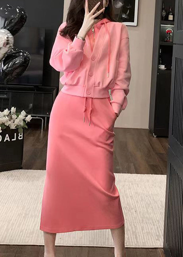Chic Pink Hooded Top And Skirts Cotton Two Pieces Set Spring
