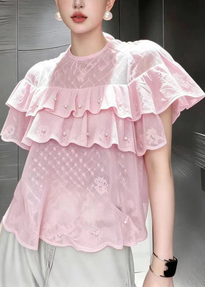 Chic Pink O-Neck Ruffled Nail Bead Shirt Tops Summer