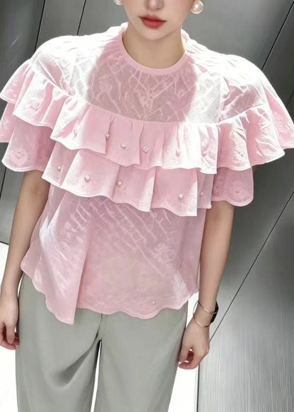 Chic Pink O-Neck Ruffled Nail Bead Shirt Tops Summer