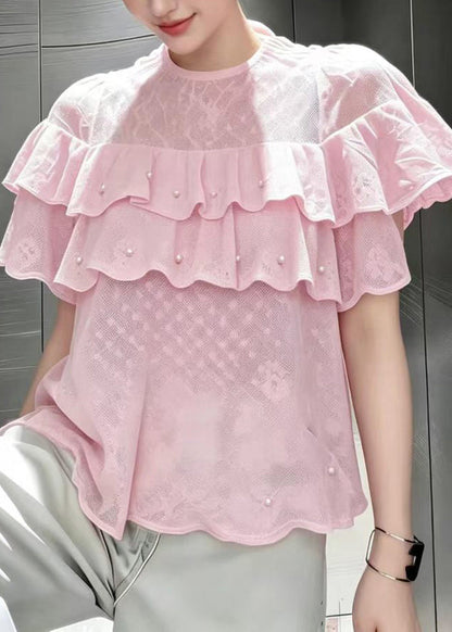 Chic Pink O-Neck Ruffled Nail Bead Shirt Tops Summer