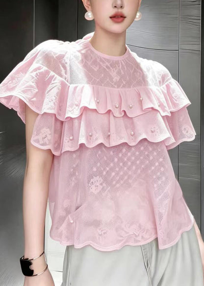 Chic Pink O-Neck Ruffled Nail Bead Shirt Tops Summer