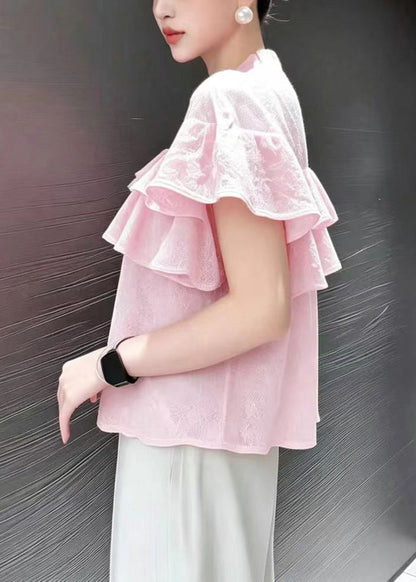 Chic Pink O-Neck Ruffled Nail Bead Shirt Tops Summer