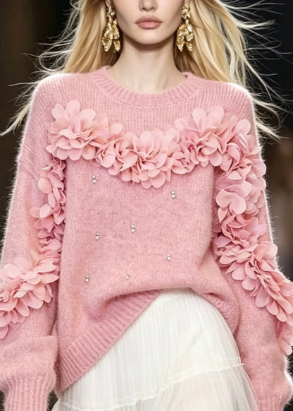 Chic Pink O Neck Thick Floral Zircon Knit Pullover Fall