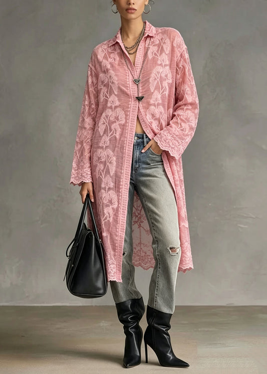 Chic Pink Peter Pan Collar Embroidered Lace Shirt Tops Long Sleeve