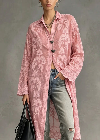 Chic Pink Peter Pan Collar Embroidered Lace Shirt Tops Long Sleeve