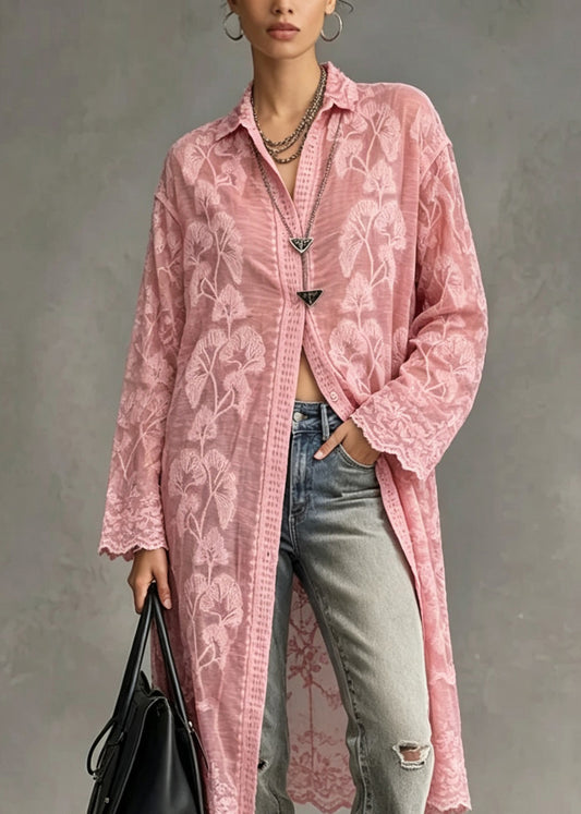 Chic Pink Peter Pan Collar Embroidered Lace Shirt Tops Long Sleeve