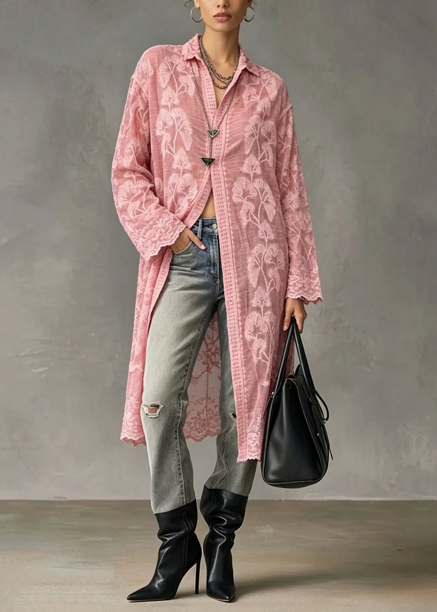 Chic Pink Peter Pan Collar Embroidered Lace Shirt Tops Long Sleeve