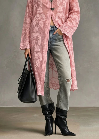 Chic Pink Peter Pan Collar Embroidered Lace Shirt Tops Long Sleeve