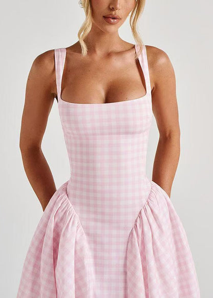 Chic Pink Plaid Wrinkled Cotton Cami Dresses Summer