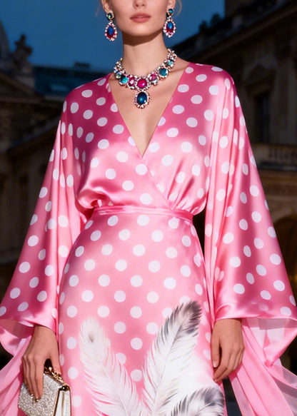 Chic Pink Print Low High Design Silk Maxi Dresses Summer