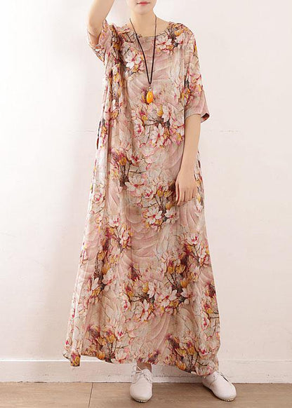 Chic Pink Print Oriental Summer Maxi Dress - SooLinen