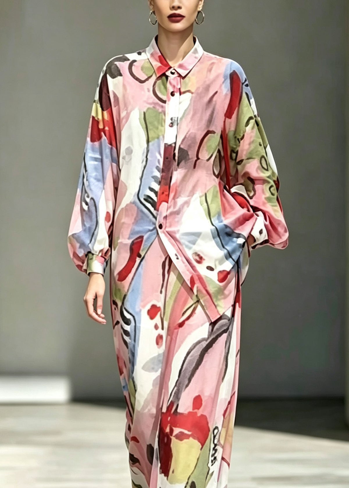 Chic Pink Print Shirts And Skirts Linen Two Piece Set Outfits Fall