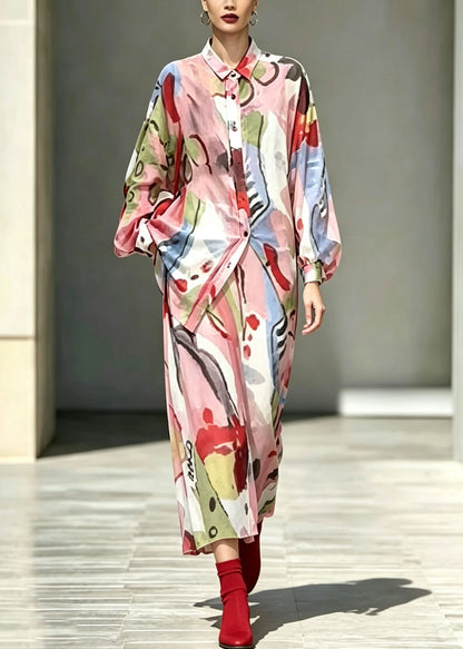 Chic Pink Print Shirts And Skirts Linen Two Piece Set Outfits Fall