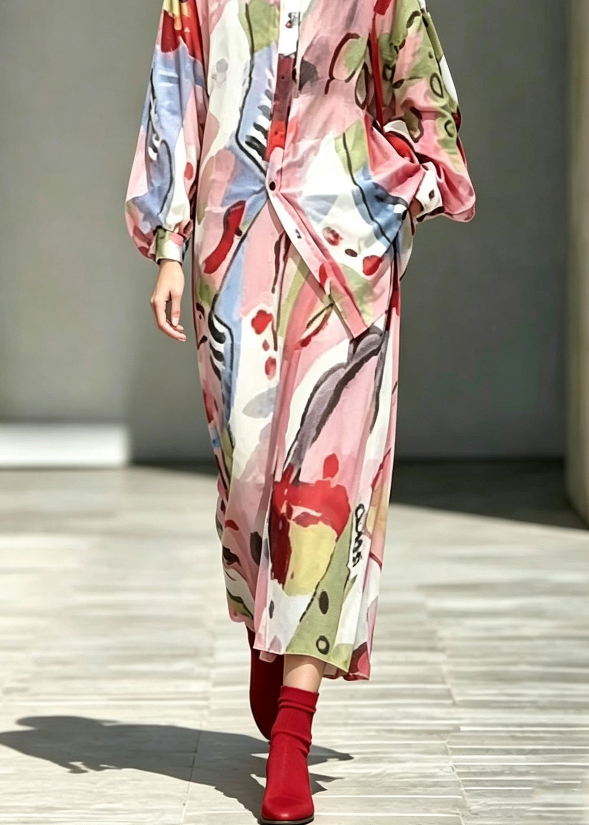 Chic Pink Print Shirts And Skirts Linen Two Piece Set Outfits Fall