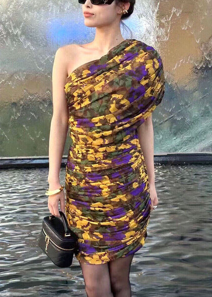 Chic Pink Print Wrinkled Cotton Mid Dress Summer