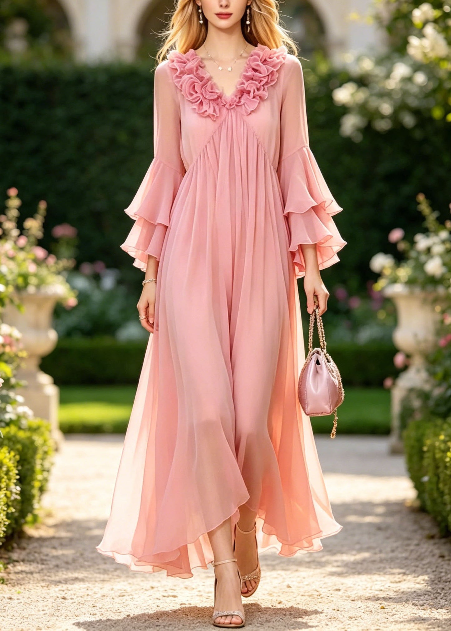Chic Pink Ruffled Patchwork Chiffon Vacation Dress Flare Sleeve