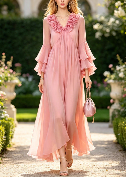 Chic Pink Ruffled Patchwork Chiffon Vacation Dress Flare Sleeve