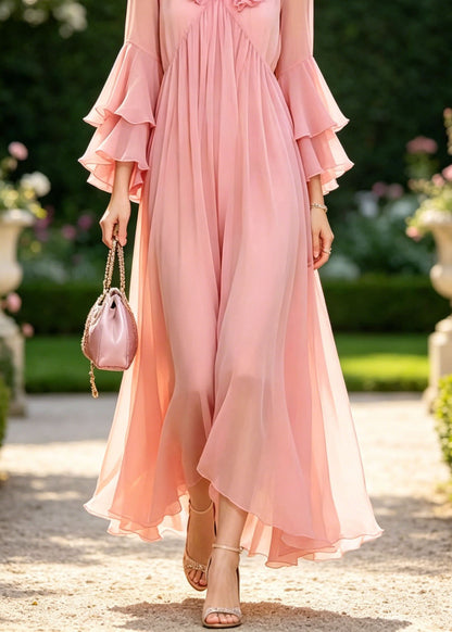 Chic Pink Ruffled Patchwork Chiffon Vacation Dress Flare Sleeve