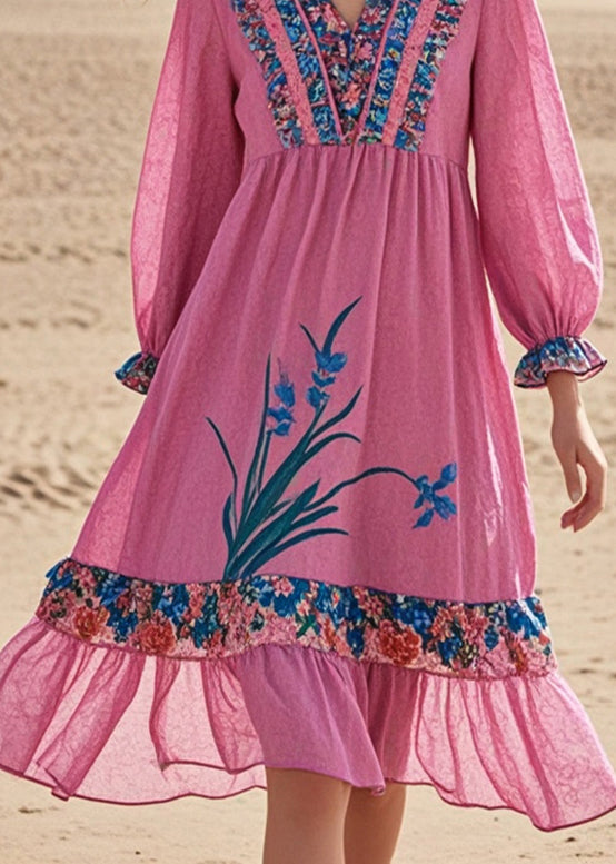 Chic Pink Ruffled Patchwork Cotton Tea Dress Spring