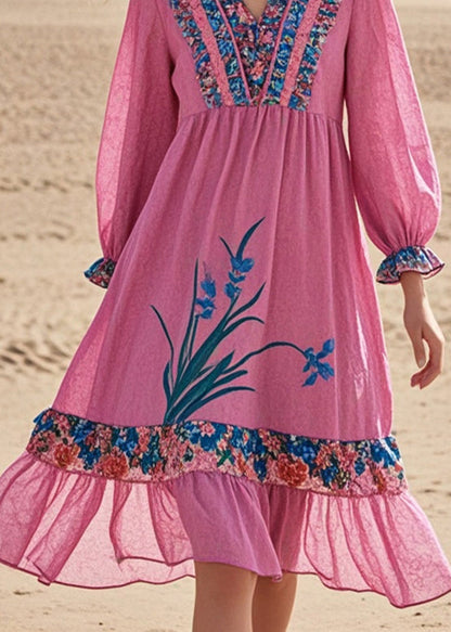 Chic Pink Ruffled Patchwork Cotton Tea Dress Spring