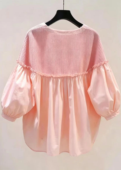 Chic Pink Ruffled Patchwork Knit Blouses Lantern Sleeve
