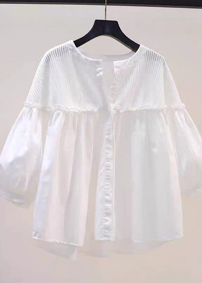 Chic Pink Ruffled Patchwork Knit Blouses Lantern Sleeve