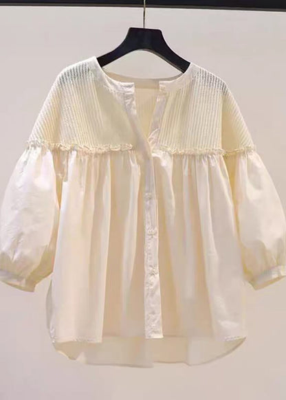 Chic Pink Ruffled Patchwork Knit Blouses Lantern Sleeve