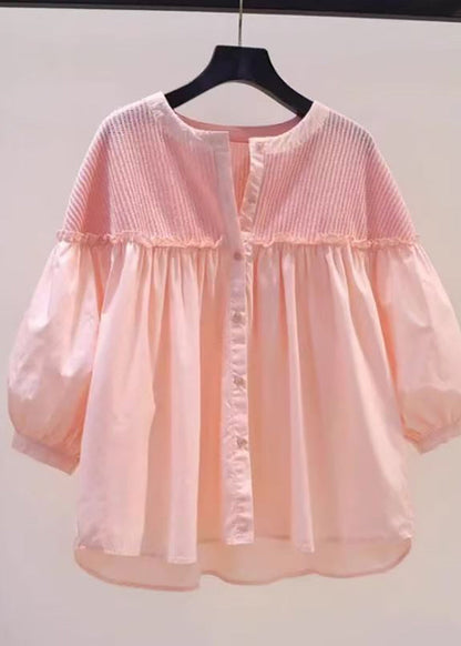 Chic Pink Ruffled Patchwork Knit Blouses Lantern Sleeve