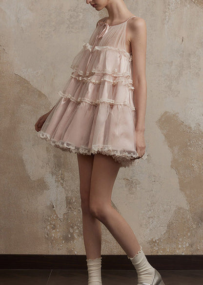Chic Pink Ruffled Patchwork Tulle Mini Dresses Summer