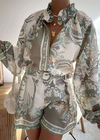 Chic Pink Ruffled Print Top And Shorts Cotton Two Pieces Set Summer