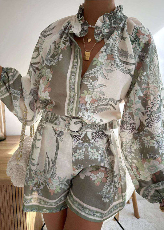 Chic Pink Ruffled Print Top And Shorts Cotton Two Pieces Set Summer