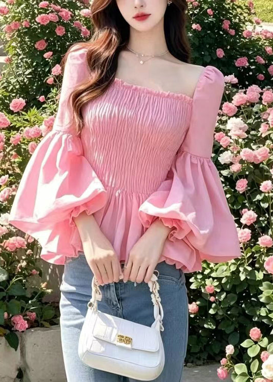 Chic Pink Square Collar Wrinkled Shirt Tops Flare Sleeve