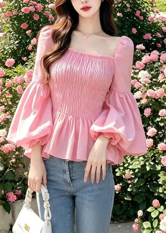 Chic Pink Square Collar Wrinkled Shirt Tops Flare Sleeve